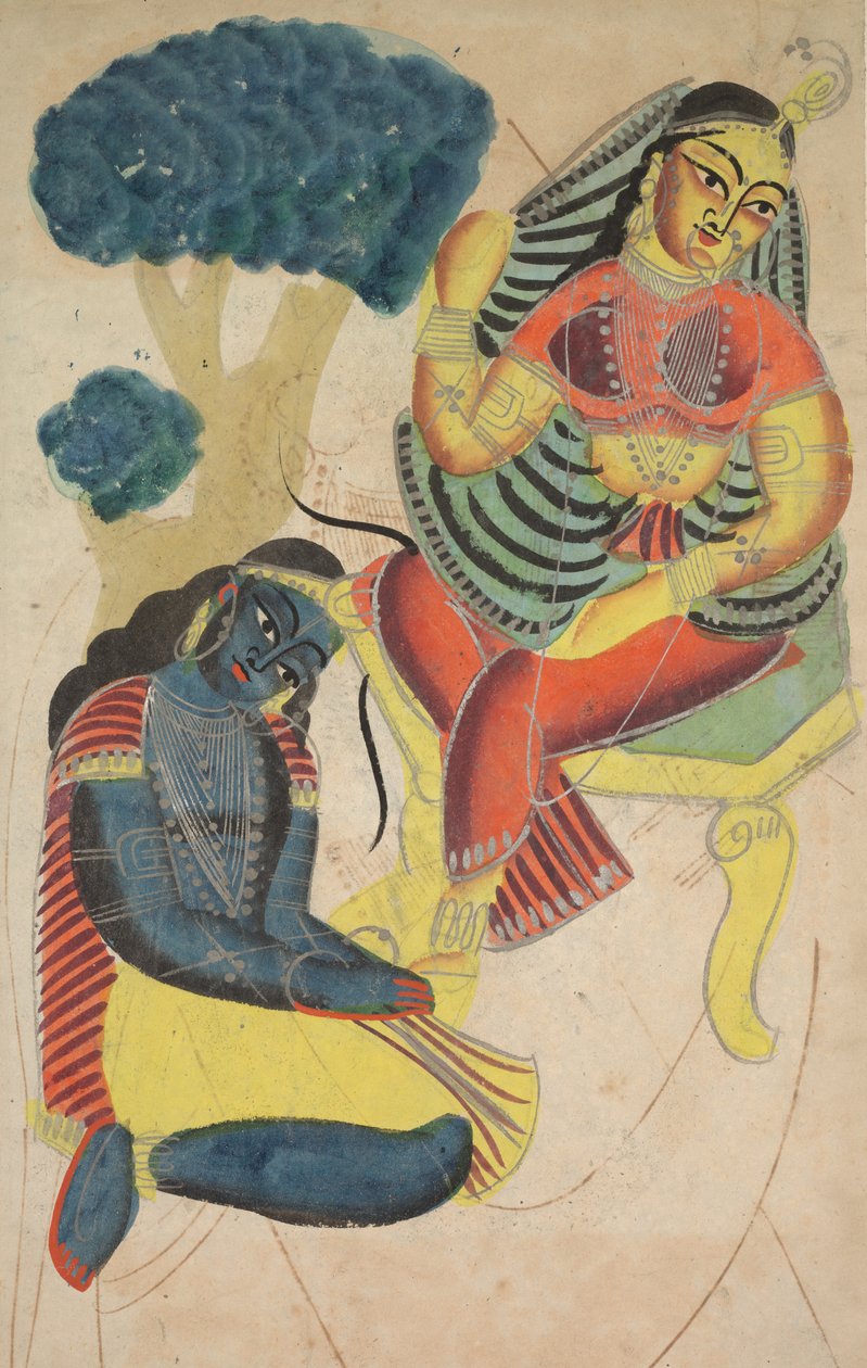 克里希纳抚摸着拉达斯的脚，1800年代。 作者 不明