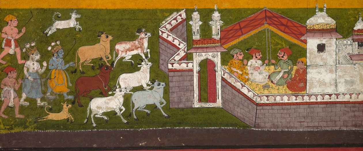 克里希纳（Krishna）和巴拉拉玛（Balarama）正在接近马图拉（c。 1740-1750年。 作者 不明