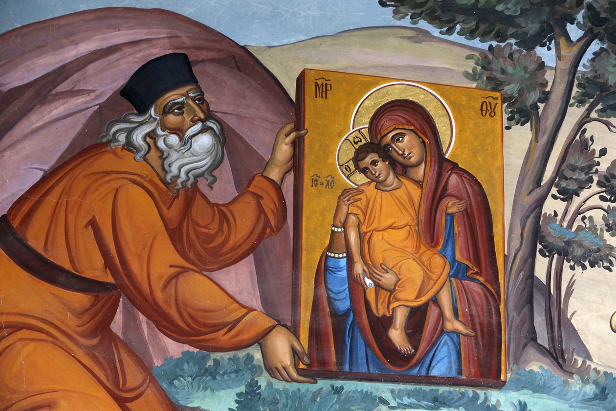 Kykkos monastery, Cyprus. Fresco. Monk carrying a sacred icon, 20150510, Pedoulas, Cyprus 作者 不明