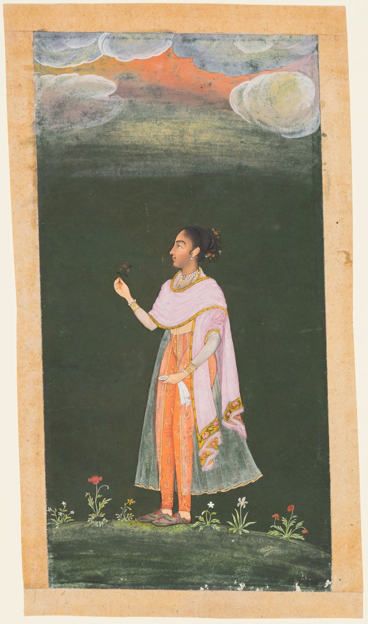 夫人拿着花，c。 1670-80年代。 作者 不明