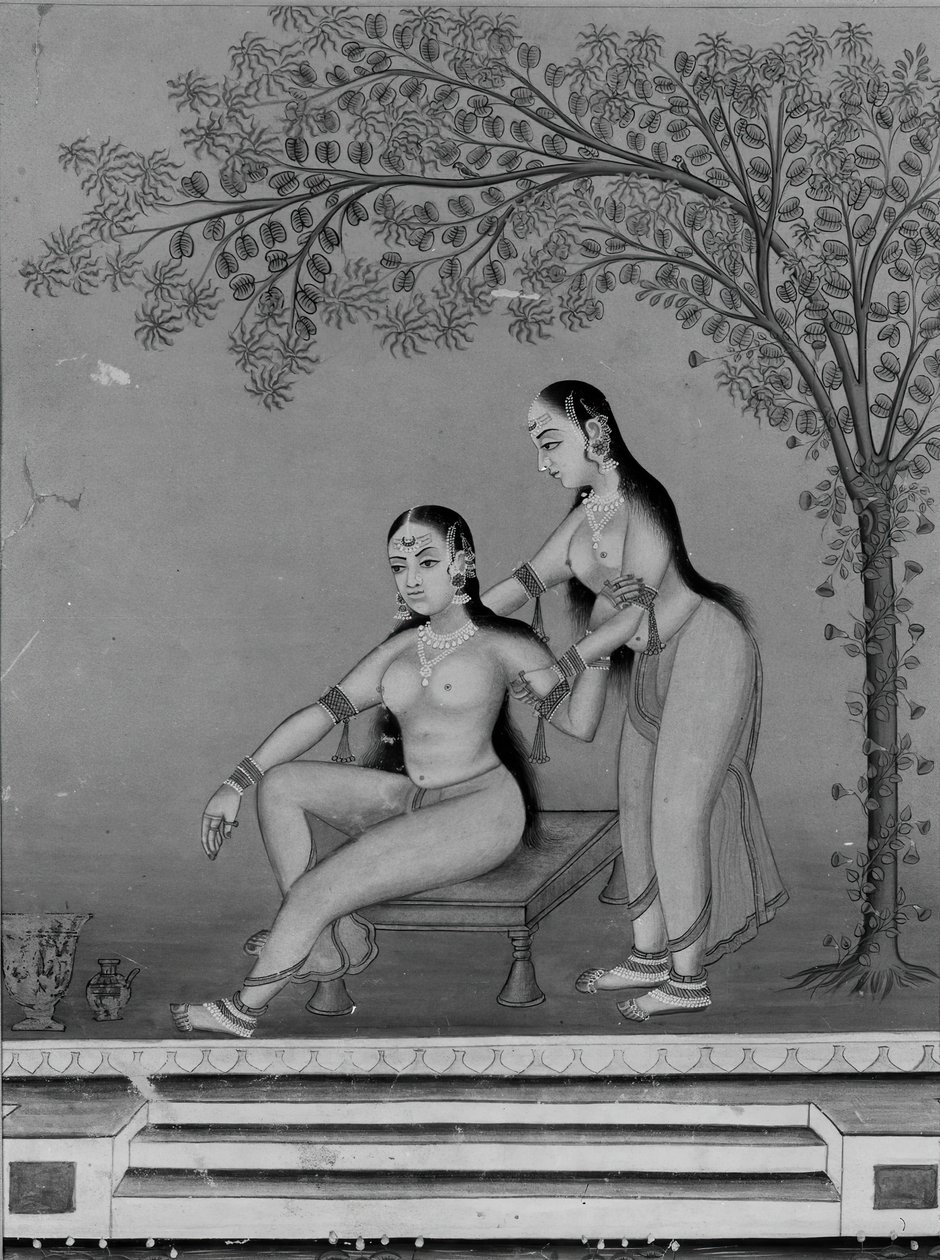 阳台上的女士和侍者在上厕所，约1800年。 作者 不明