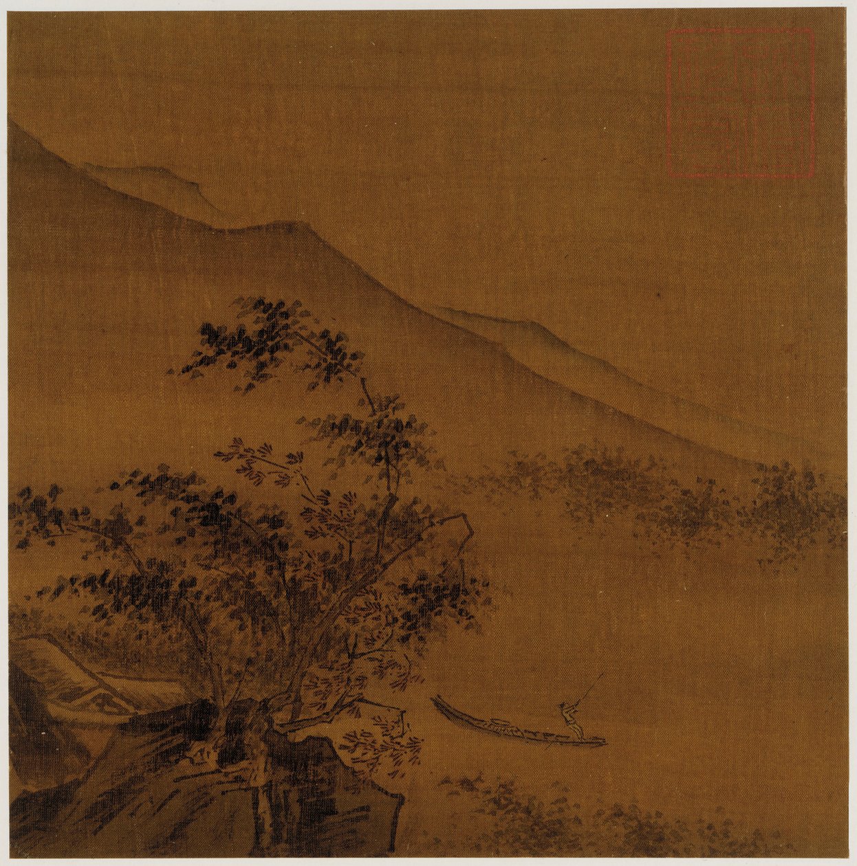 景观：山坡、岩石、树木、房子和船，明朝，1368-1644年。 作者 不明