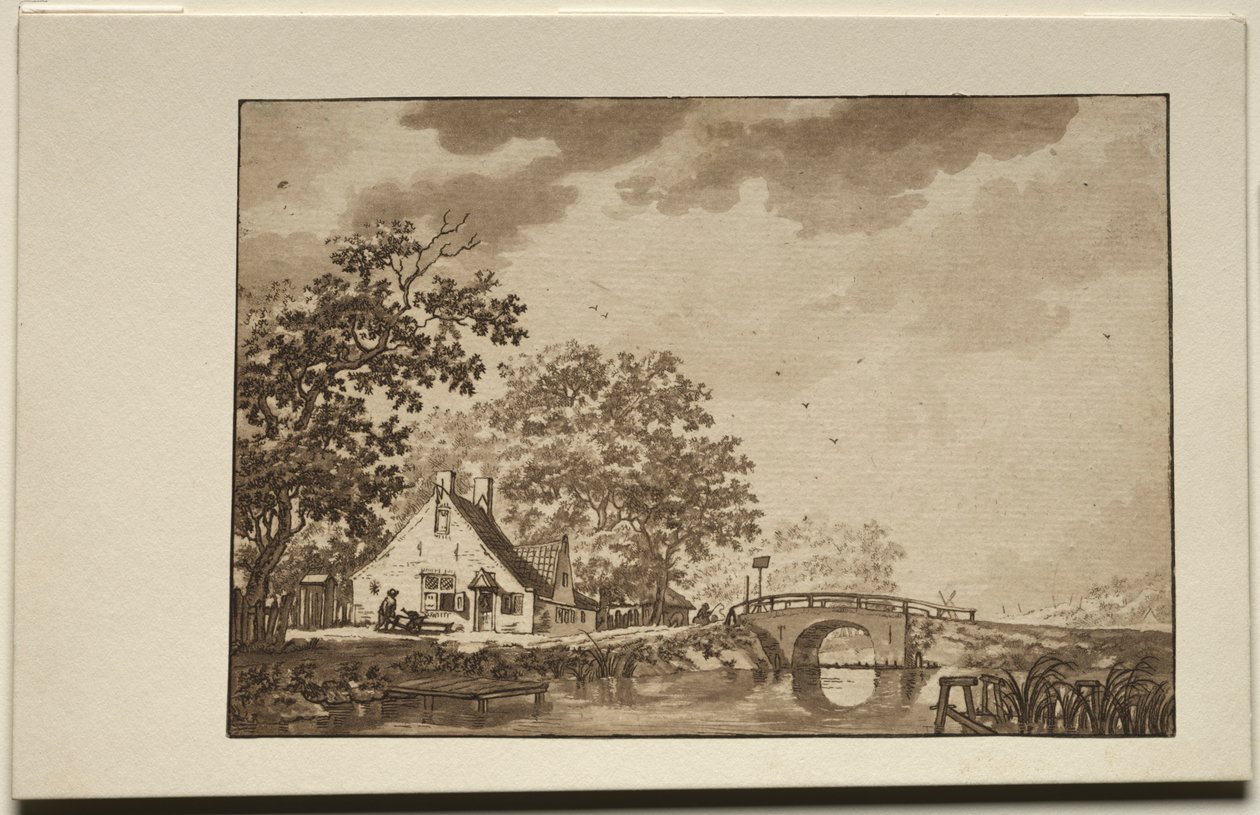 1700年代与小屋和桥梁的景观。 作者 不明