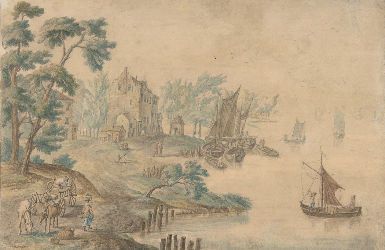 有马和车的风景，右边是一条河，18世纪。 作者 不明