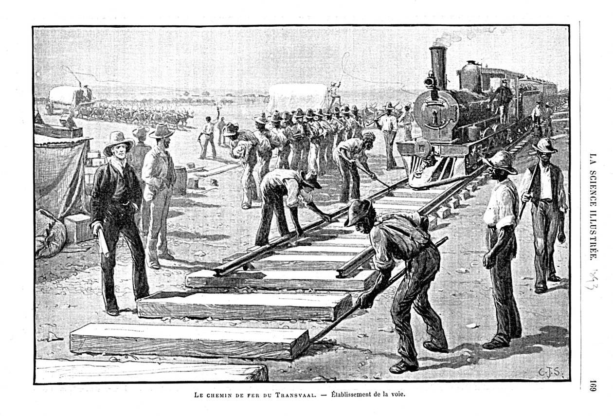 在南非的特兰斯瓦尔铁路上永久铺设轨枕和铁轨，1893年 作者 不明