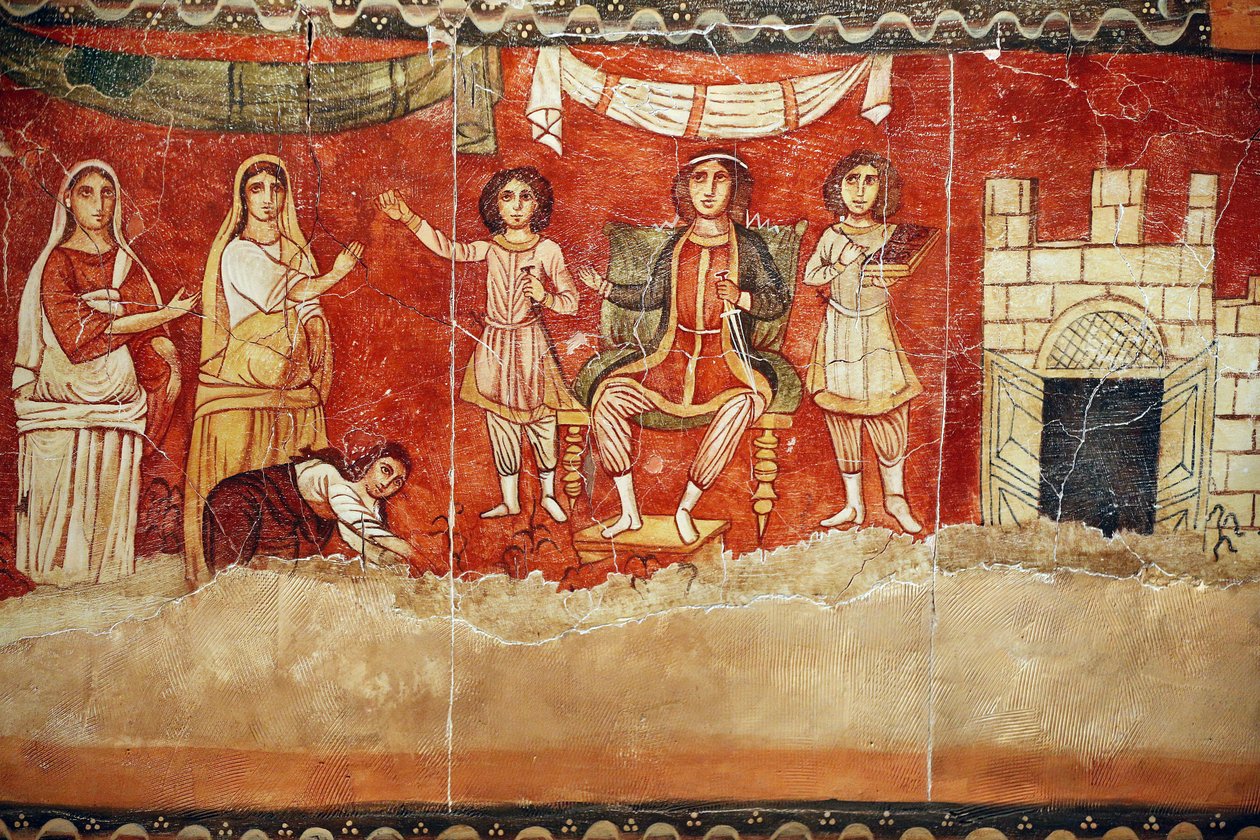 法老和摩西的童年，来自杜拉 (Dura) Europos 犹太教堂的壁画，244-245，保存在大马士革国家博物馆。 展览期间在纽约犹太博物馆拍摄的照片。 作者 不明