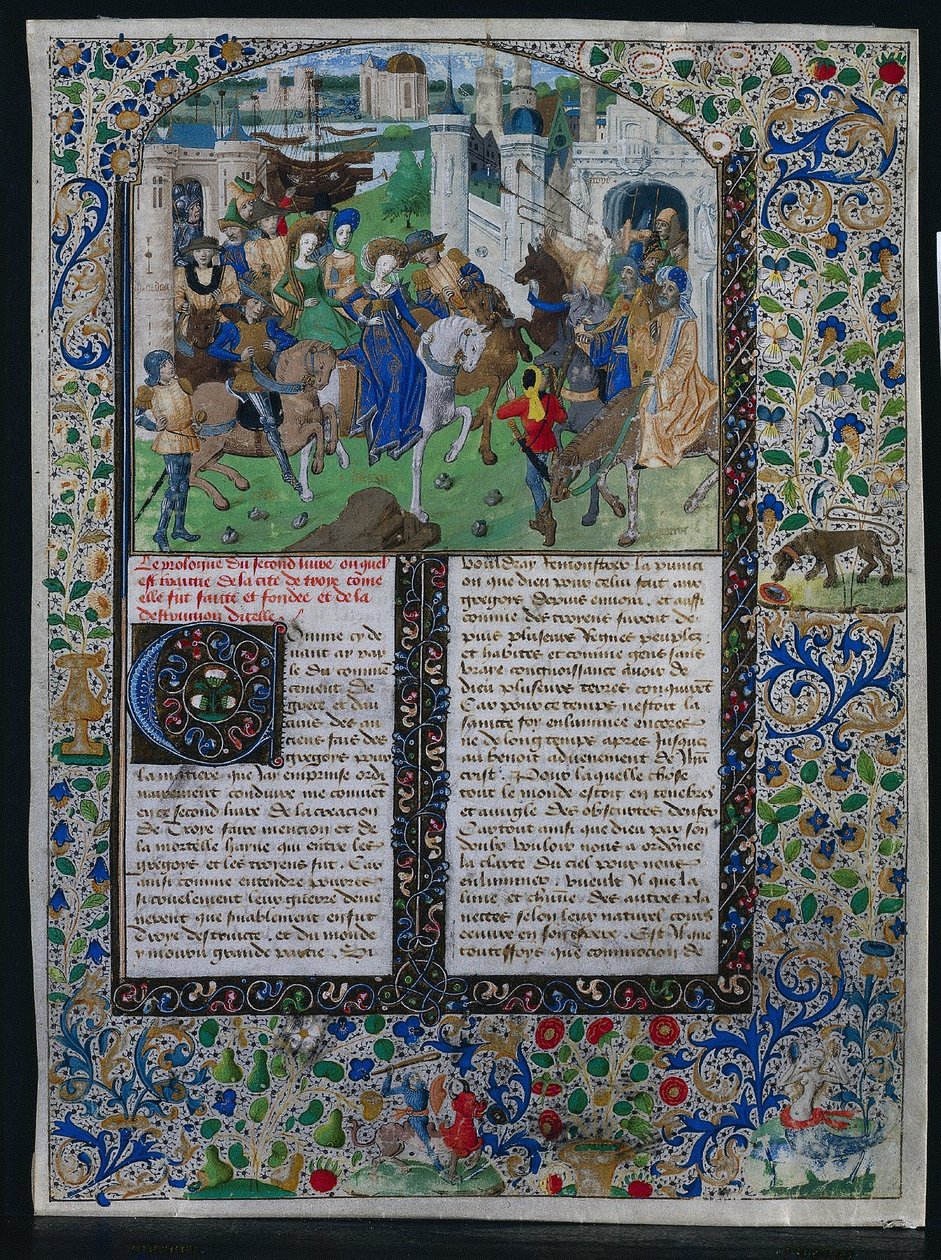 来自Courcys Chronique Universelle大学的Jehan的Leaf：Priam国王遇见Helen和巴黎...，c。 1470。 作者 不明