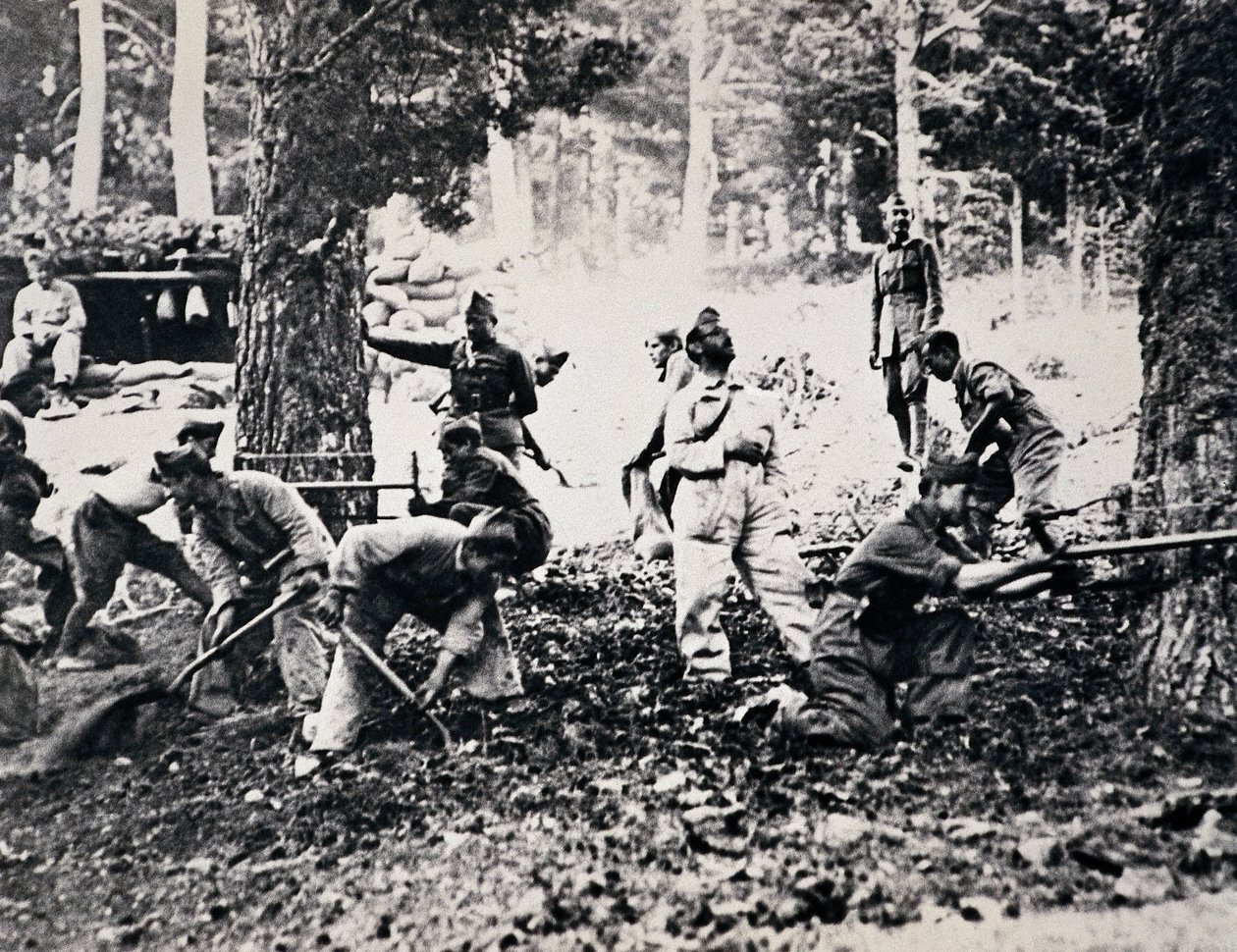 Legionnaires on the front of the Sierra cutting pine trees and filling the bags to make shelters against enemy planes 作者 不明