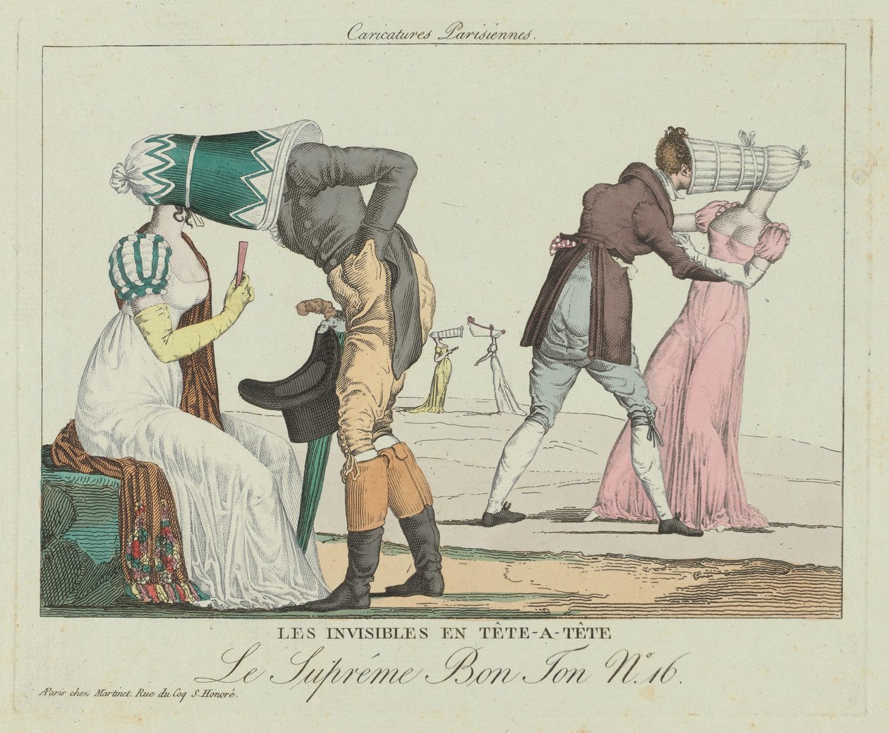 Les Invisibles en tête-à-tête Tête-à-tête with Poke Bonnets, 约1805。 作者 不明