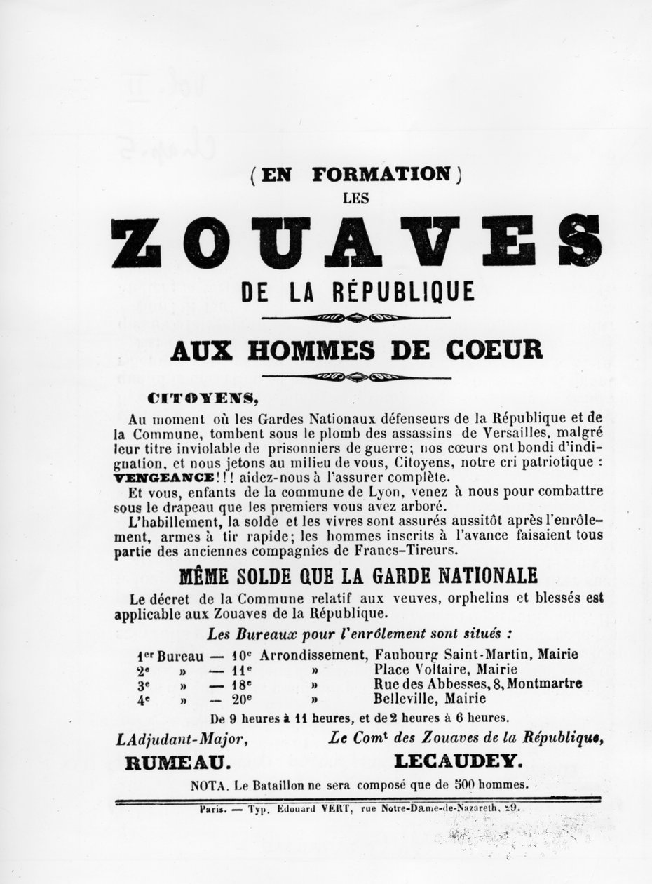 Les Zouaves，摘自1871年5月巴黎公社的法国政治海报 作者 不明