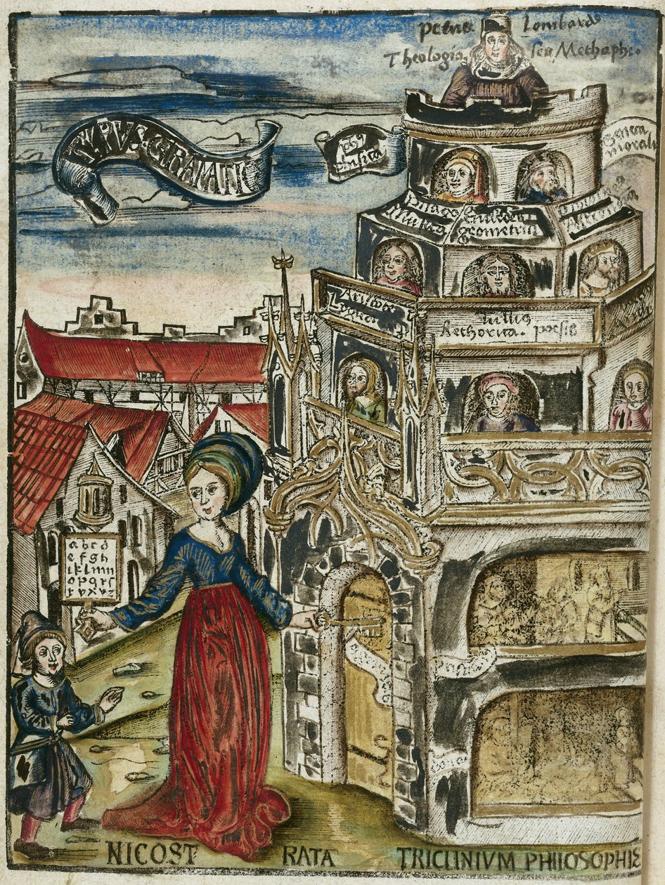 Les arts liberaux, la grammaire: Nicostrata (appelee Carmenta), tenant un hornbook, manuel pour l