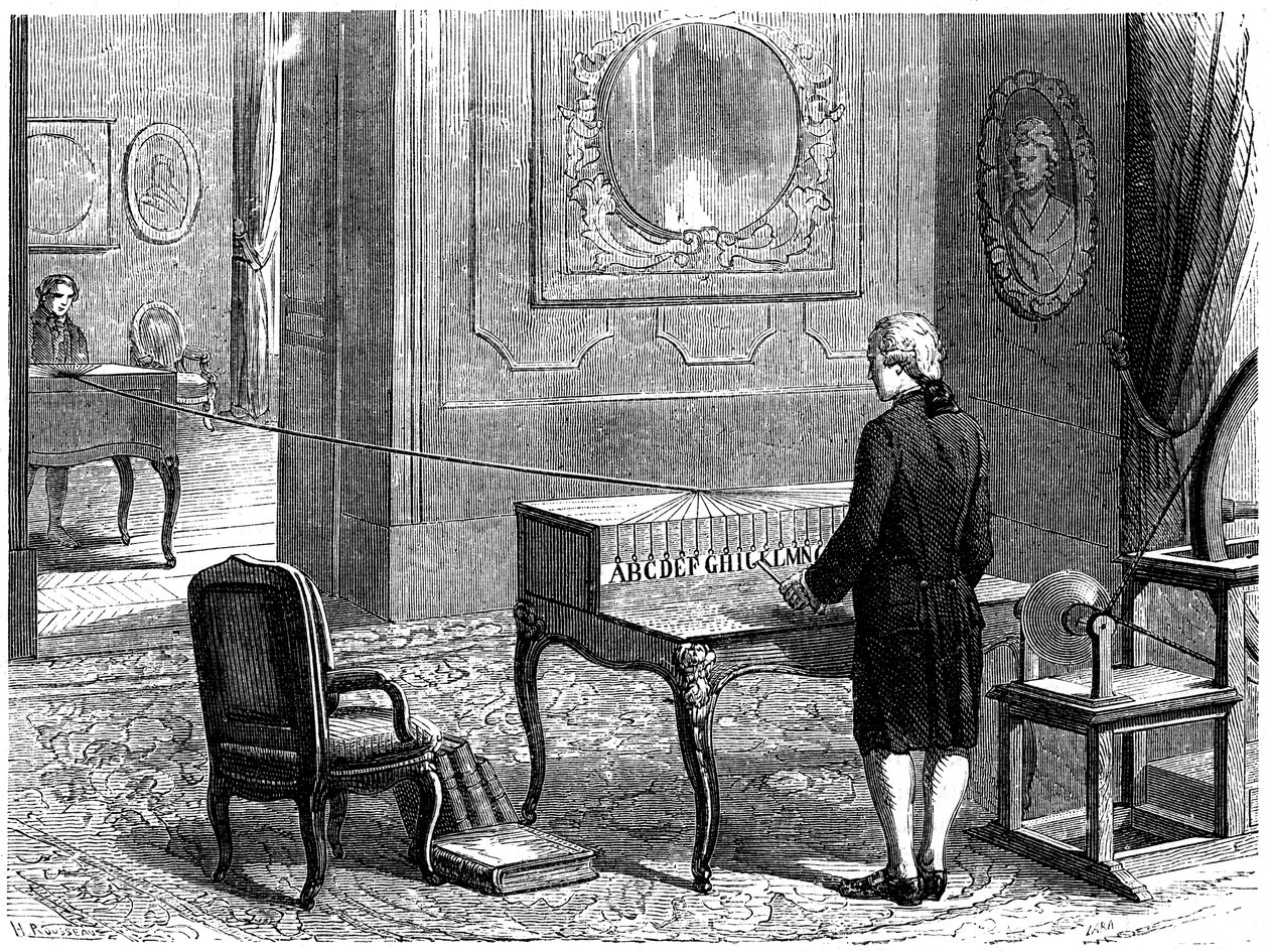 Lesage在1774 c1870年使用第一台电报机进行实验 作者 不明