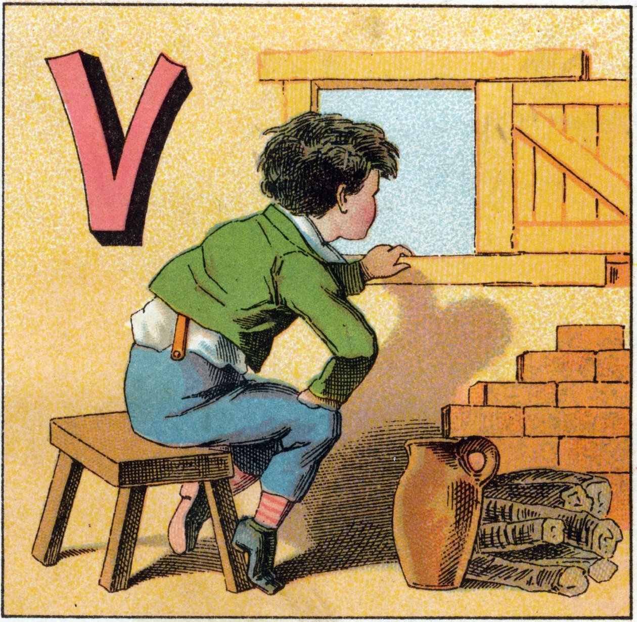 作为vasistas的字母V。好奇的孩子看着窗外。雕刻在 "Alphabet des petits ecoliers "中。埃皮纳尔的图像，约1885年。Privee收藏 作者 不明