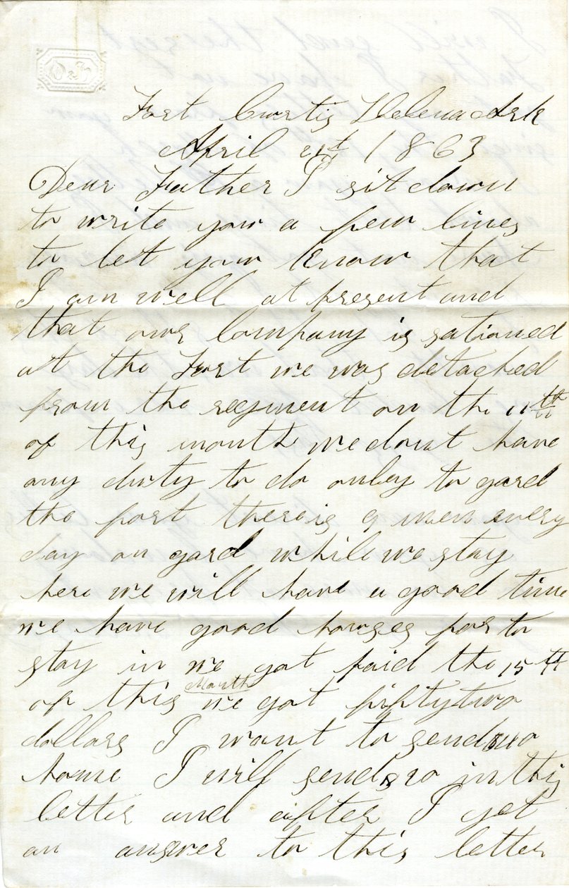 1863年4月21日，阿肯色州海伦娜市柯蒂斯堡，签署大卫-T-梅西给他父亲（内森-梅西）的信 作者 不明