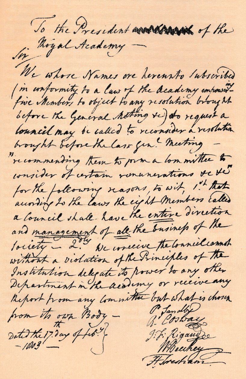 给皇家学院院长本杰明·韦斯特的信，1803年1904年 作者 不明