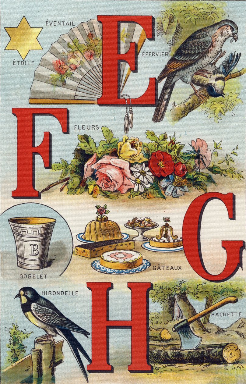 字母 E F G H; 吞; 扇子; 花朵; 蛋糕; 杯子; 阿歇特； 吞。 雕刻“Alphabet de ma petite fille”。 Bernardin-Bechet 和 Fils，书商出版商，巴黎，约 1895 年。坚不可摧的画布专辑。 贝贝斯图书馆。 12 页。 专辑合作 作者 不明