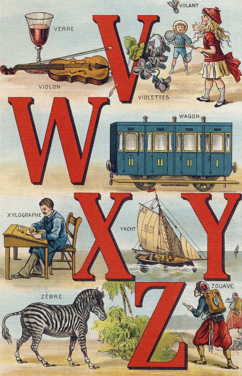 字母 V W X Y Z； 方向盘; 车皮; 木版画； 游艇; 斑马; 祖阿夫。 雕刻“Alphabet de ma petite fille”。 Bernardin-Bechet 和 Fils，书商出版商，巴黎，约 1895 年。坚不可摧的画布专辑。 贝贝斯图书馆。 12 页。 阿尔布 作者 不明