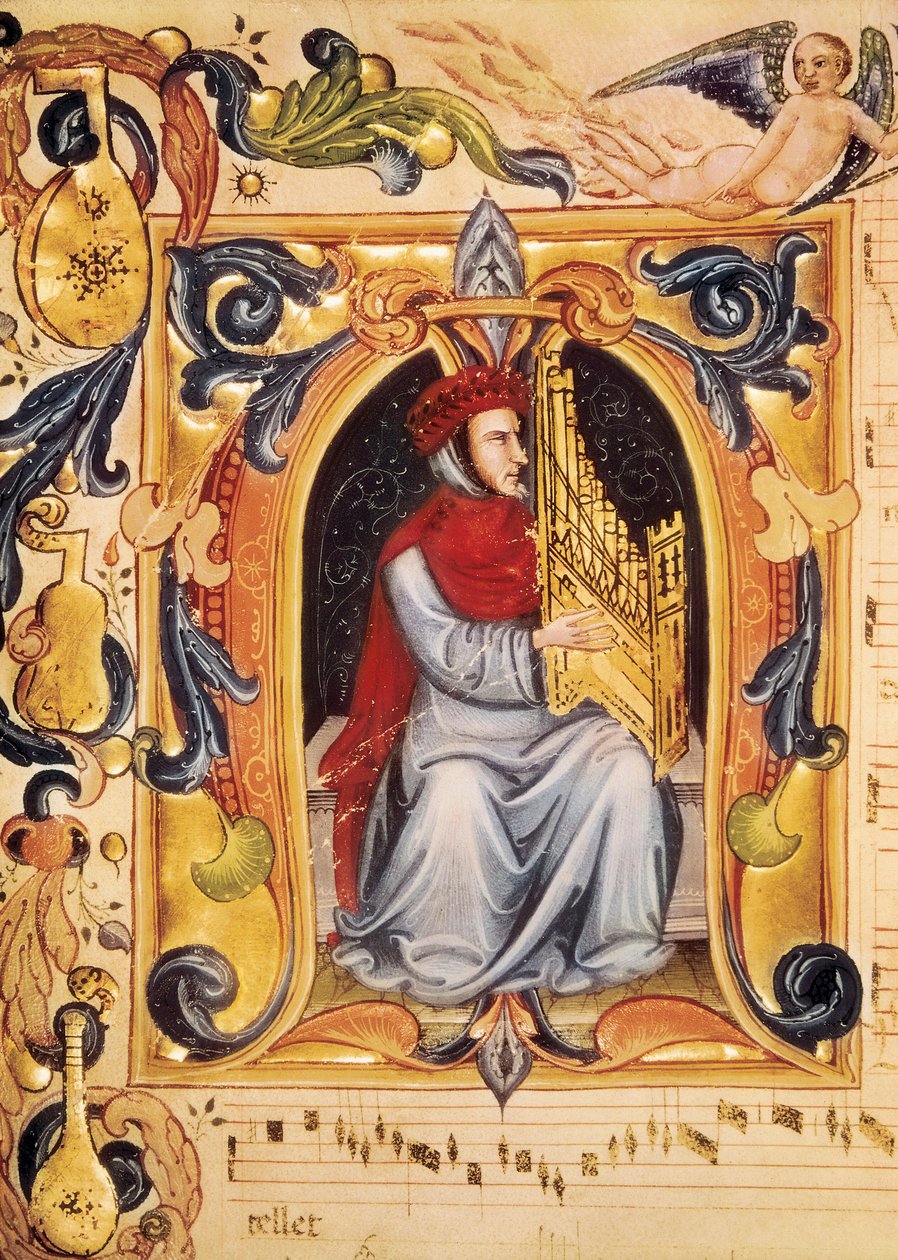 Lettrine with a man and an organ beginning a score from the Codex Squarcialupi (by Antonio Squarcialupi 作者 不明