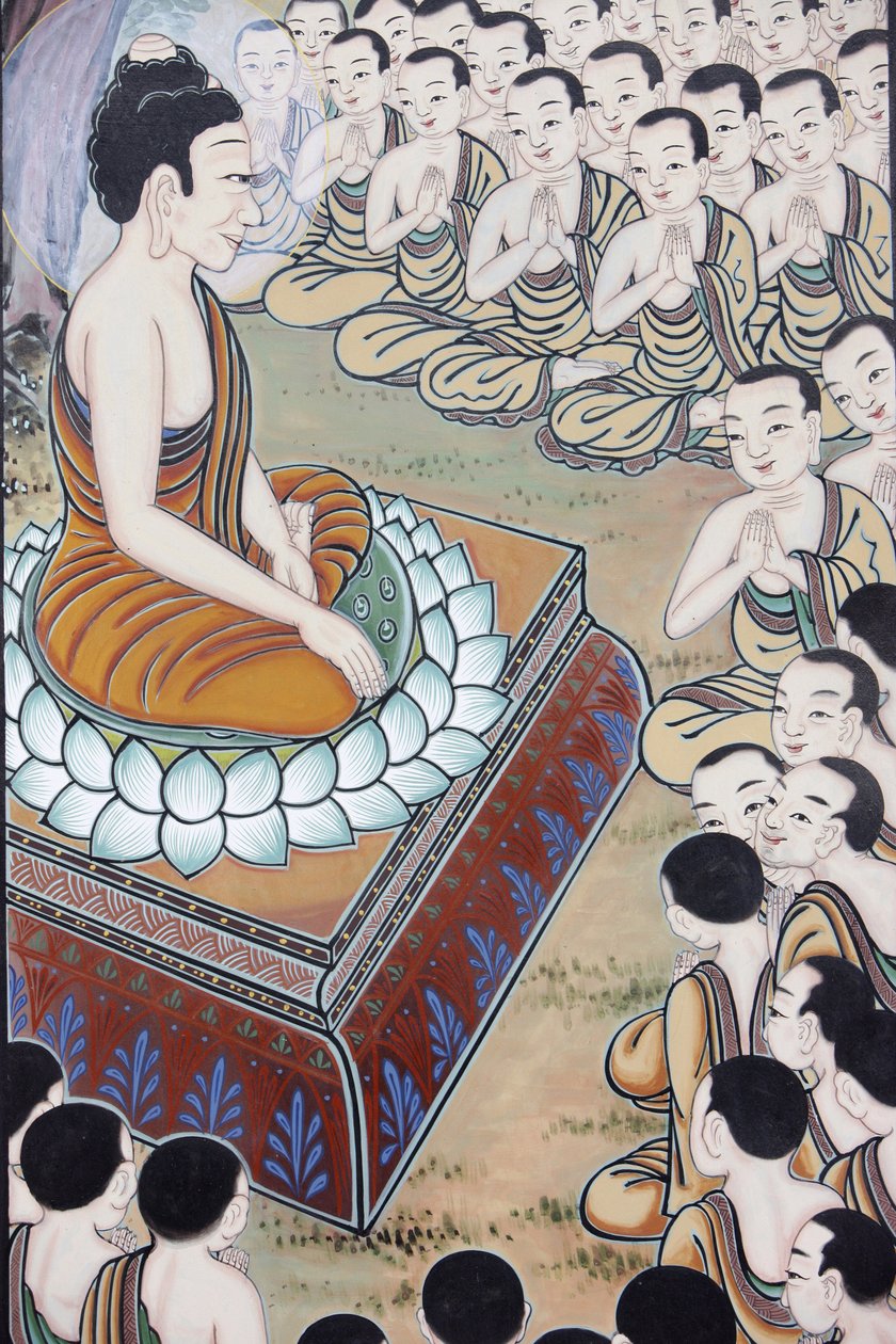 佛陀的一生 佛陀获得了许多追随者。有一次，1250名僧人自发地聚集在一起，聆听他的教诲（这一天在佛教国家被作为节日来纪念。 作者 不明
