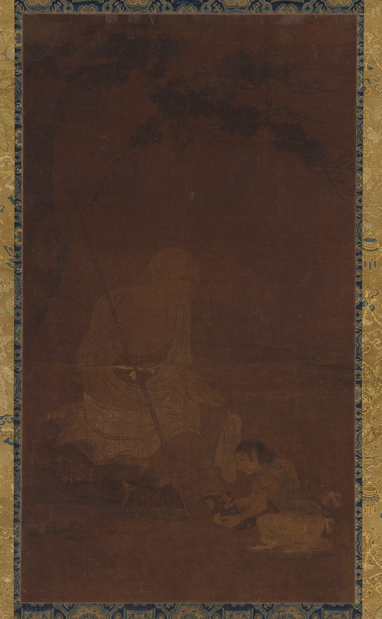 罗汉坐着，一个侍者跪在他面前，元或明朝，1279-1644年。 作者 不明