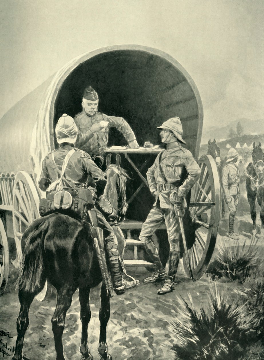 罗伯茨勋爵（Lord Roberts）在他睡觉的那辆运输车中发动了派遣，1901年。 作者 不明