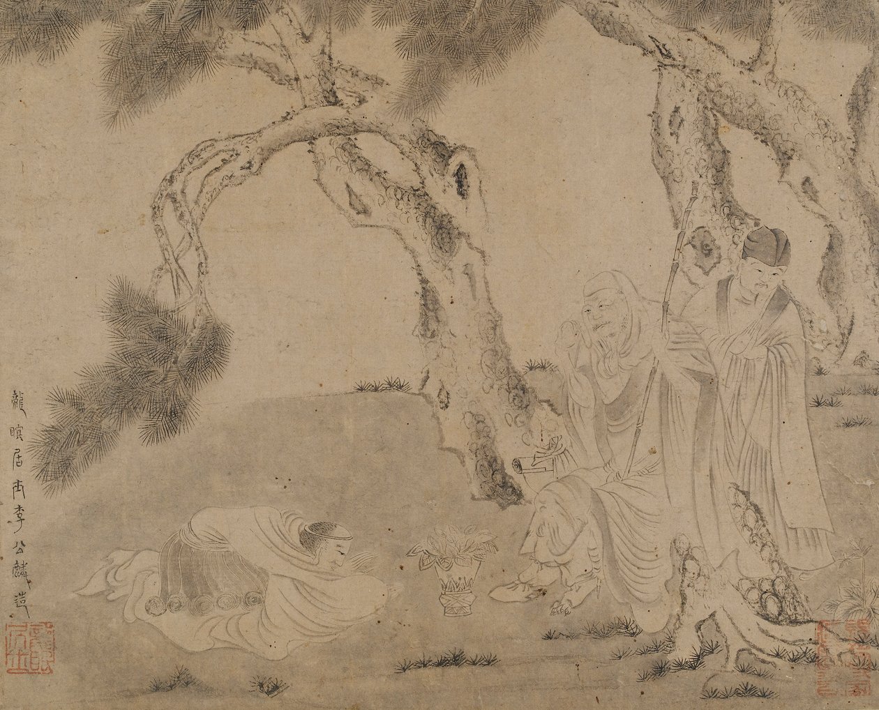 罗汉，侍者，松树下的崇拜者，元或明朝，1279-1644年。 作者 不明