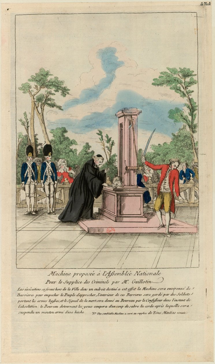 Guillotin先生向国民议会提出的用于折磨罪犯的机器，约1790年。 作者 不明