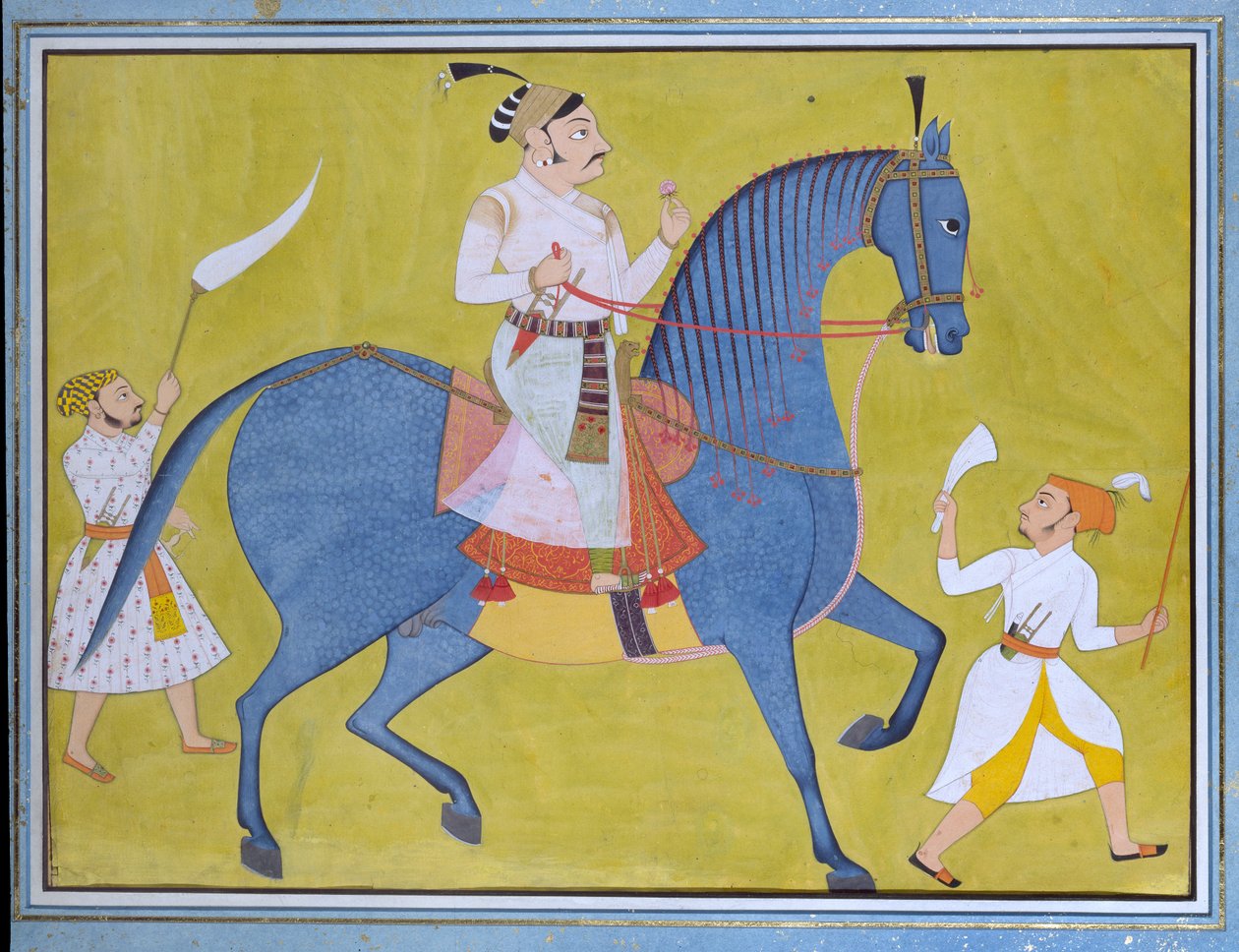Sawar的Maharaja Pratap Singh骑马，有两个步行的随从，约1700年 作者 不明