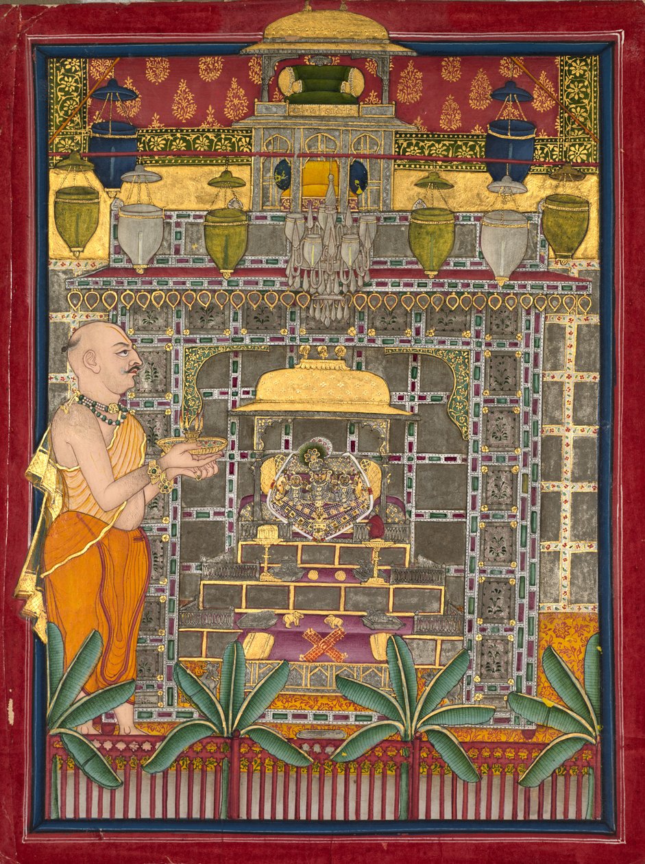 1800年代中期，基拉·辛格（Maharao Kishor Singh）身着瓦尔拉巴（Vallabha）牧师的身份，朝克里希纳（Krishna）敬拜为布里吉拉吉（Brijrajji）。 作者 不明