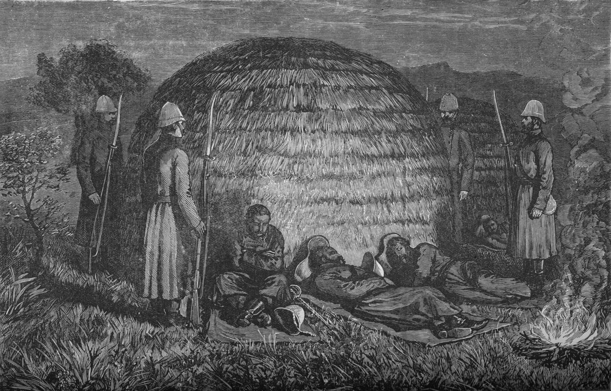 马尔特少校和他的手下在当地的Kraal守卫Cetewayo，大约在1880年 作者 不明