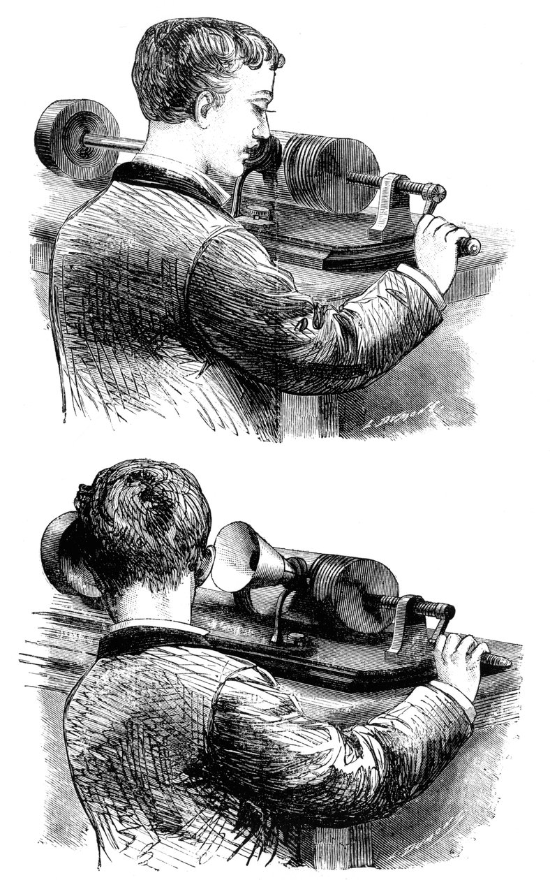使用第一张爱迪生留声机进行录音并收听，1878年 作者 不明