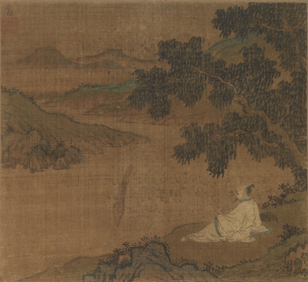 一个山坡的人在俯视河的树下，明朝。 作者 不明