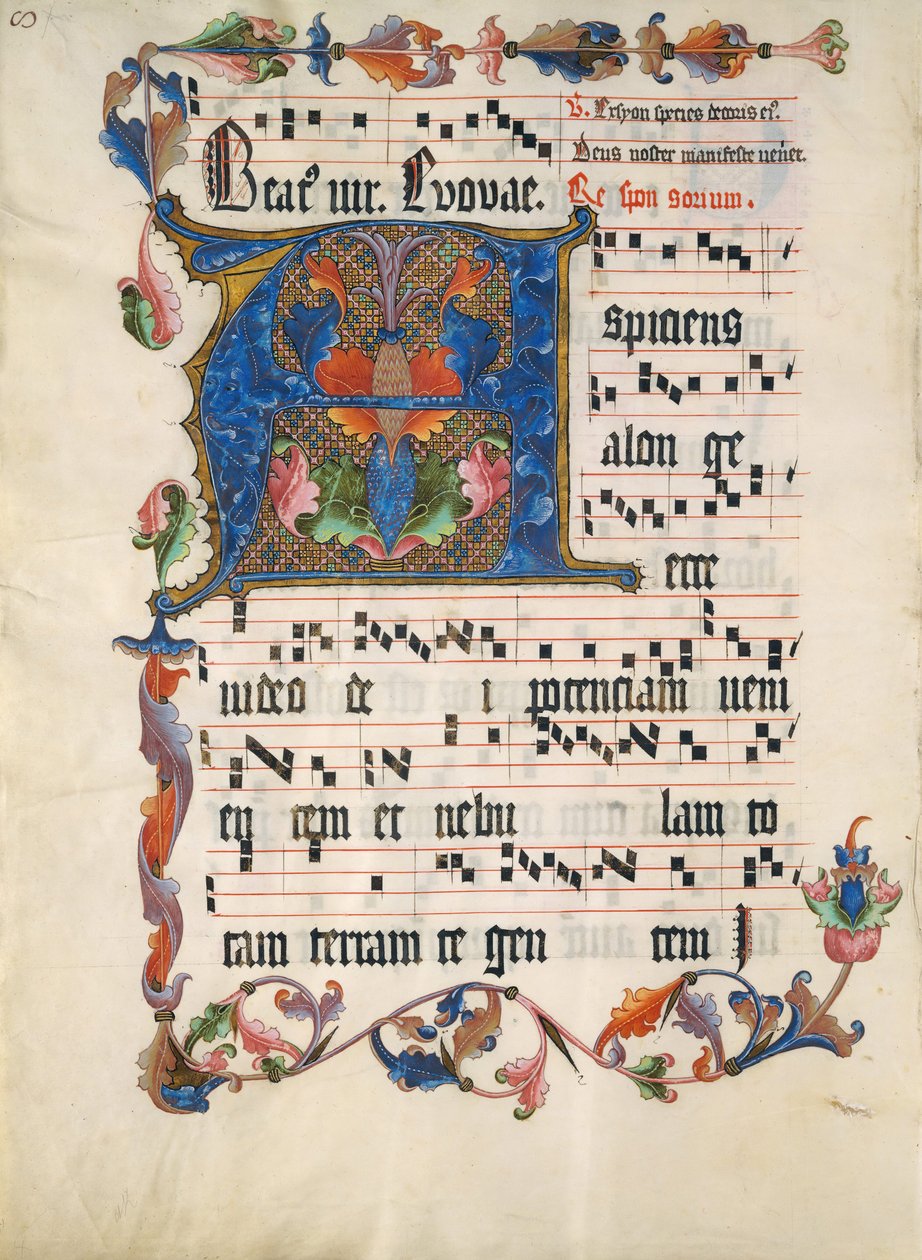 带有首字母A的手稿叶子，来自德国的Antiphonary，约1425-50。 作者 不明