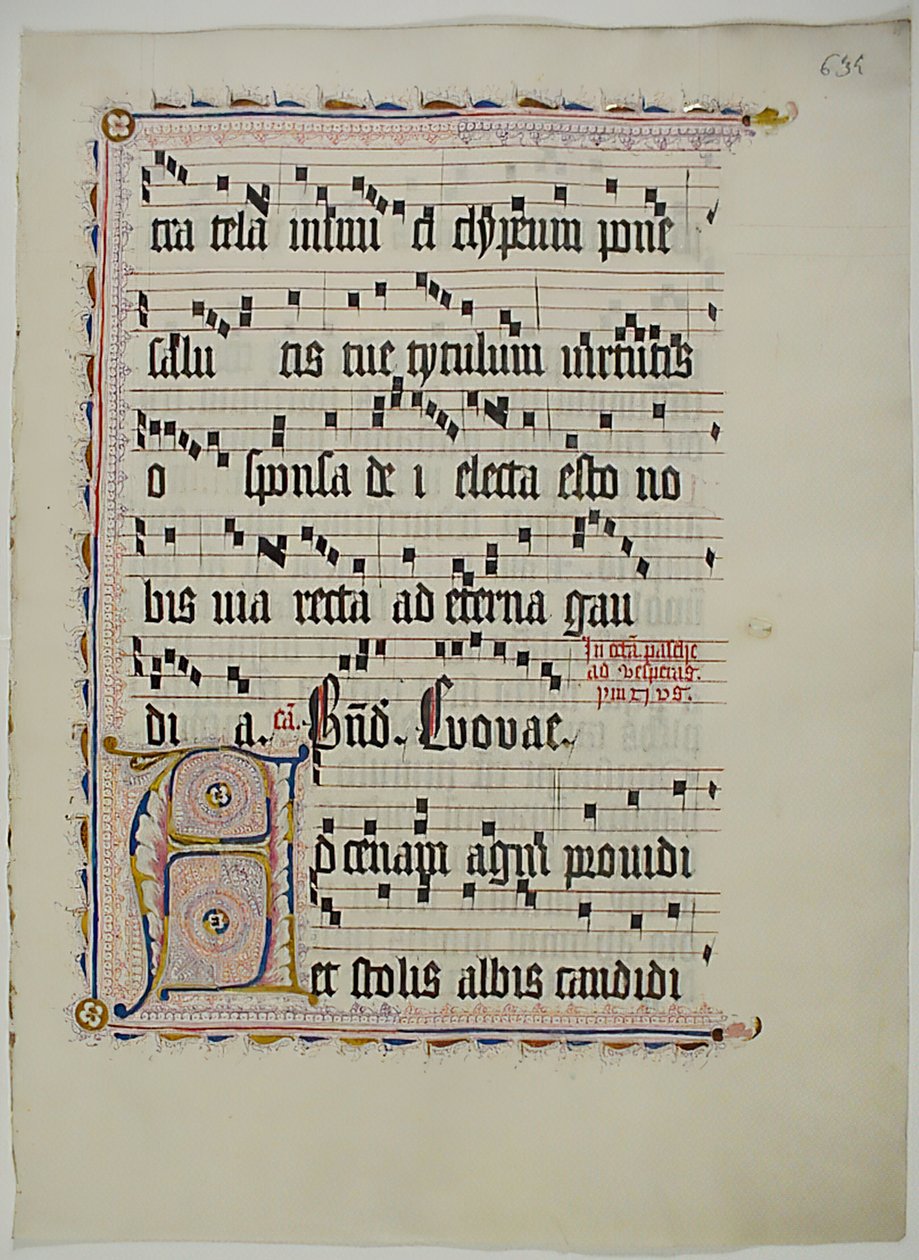 带有首字母A的手稿叶子，来自德国的Antiphonary，15世纪第二季度。 作者 不明