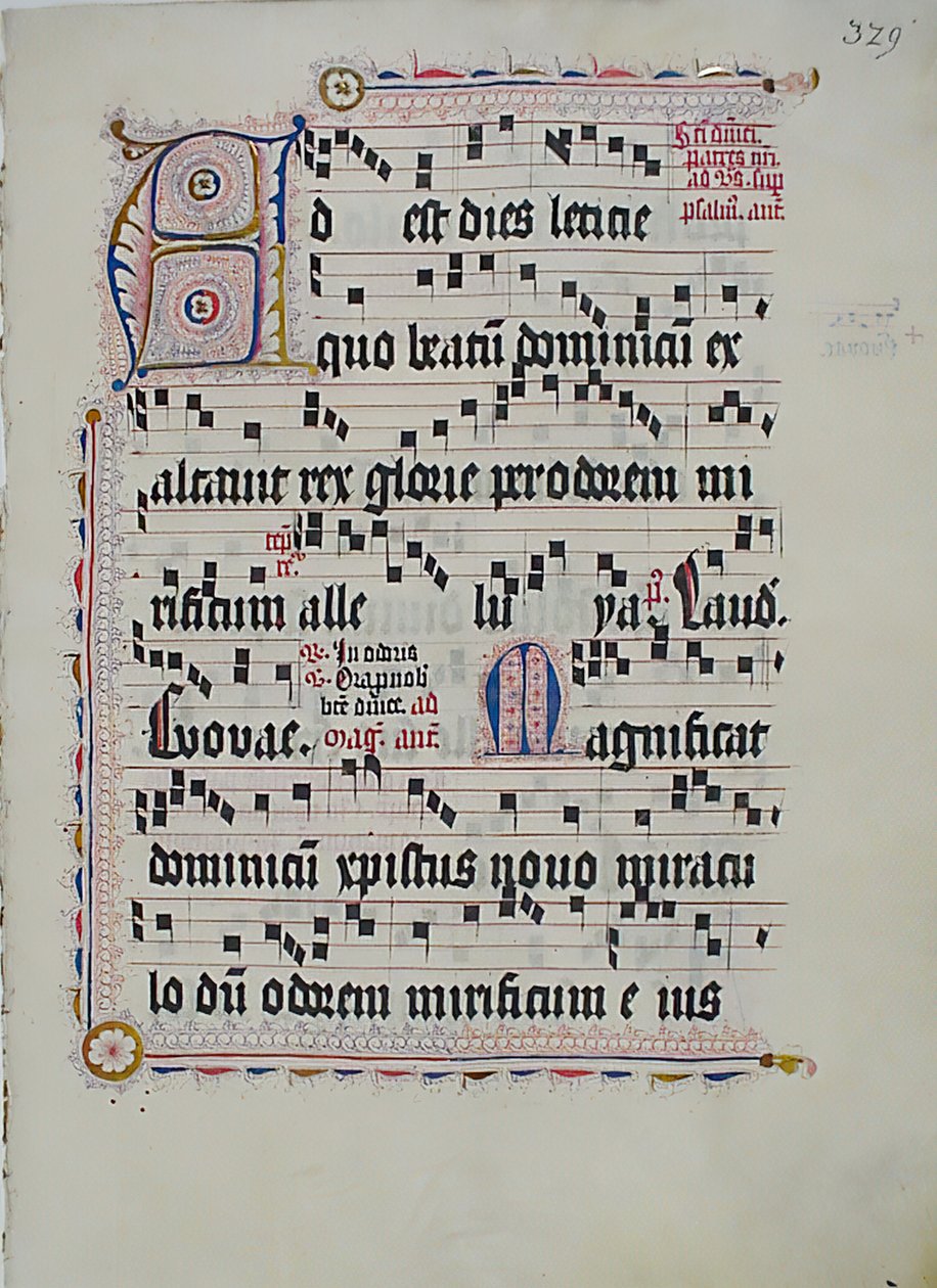 带有首字母A的手稿叶子，来自德国的Antiphonary，15世纪第二季度。 作者 不明