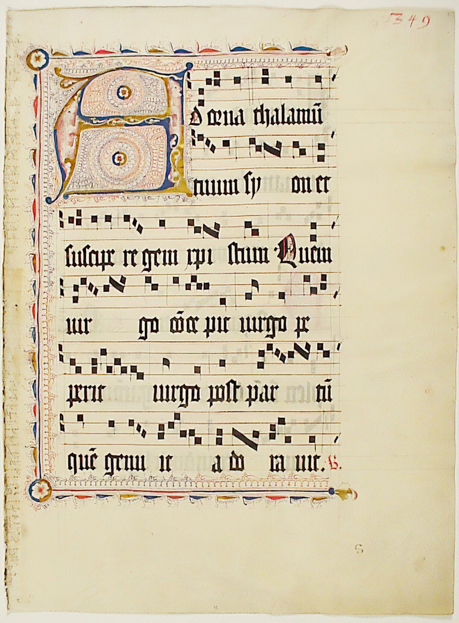 带有首字母A的手稿叶子，来自德国的Antiphonary，15世纪第二季度。 作者 不明