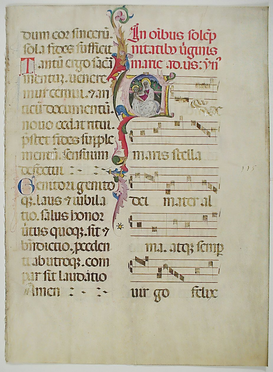 带有首字母A的手稿叶子，来自意大利的Antiphonary，15世纪。 作者 不明
