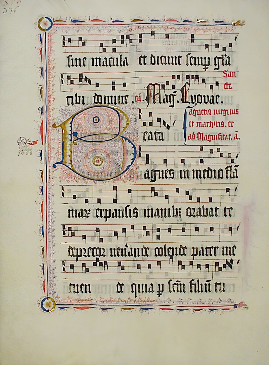 带有首字母B的手稿叶子，来自德国的Antiphonary，15世纪第二季度。 作者 不明