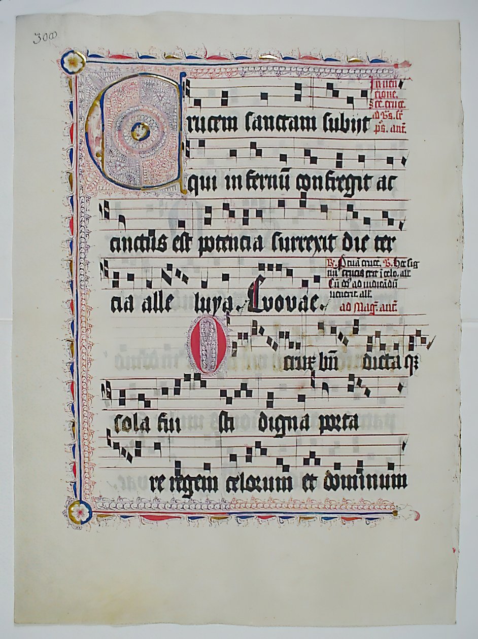 带有首字母C的手稿叶子，来自德国的Antiphonary，15世纪第二季度。 作者 不明