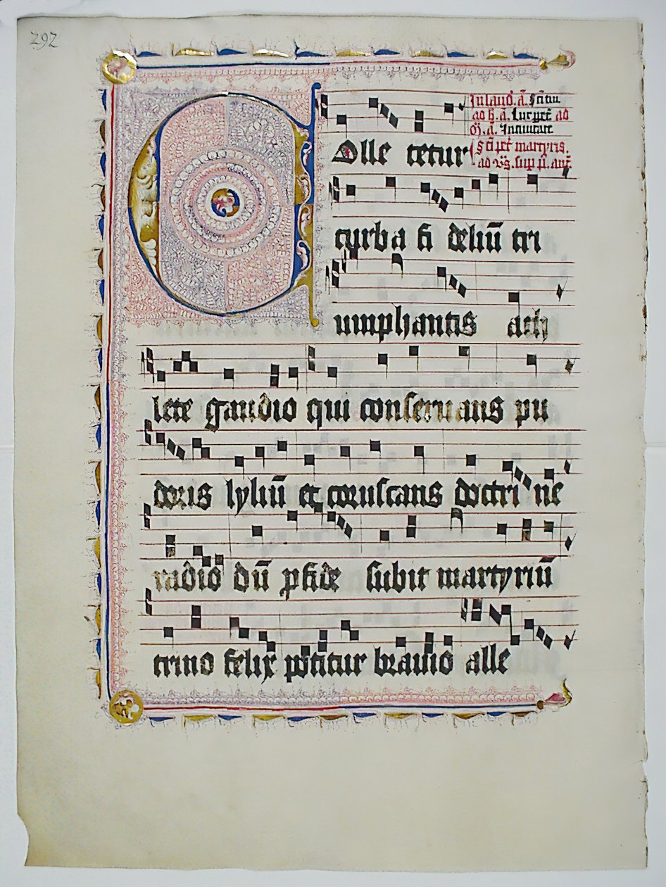 带有首字母C的手稿叶子，来自德国的Antiphonary，15世纪第二季度。 作者 不明