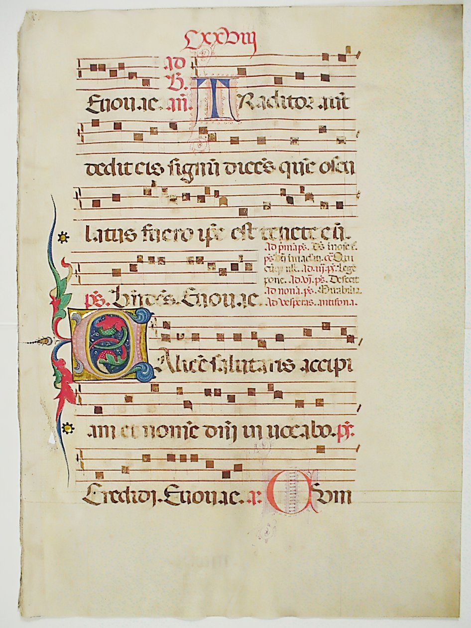 带有首字母C的手稿叶子，来自意大利的Antiphonary，15世纪。 作者 不明