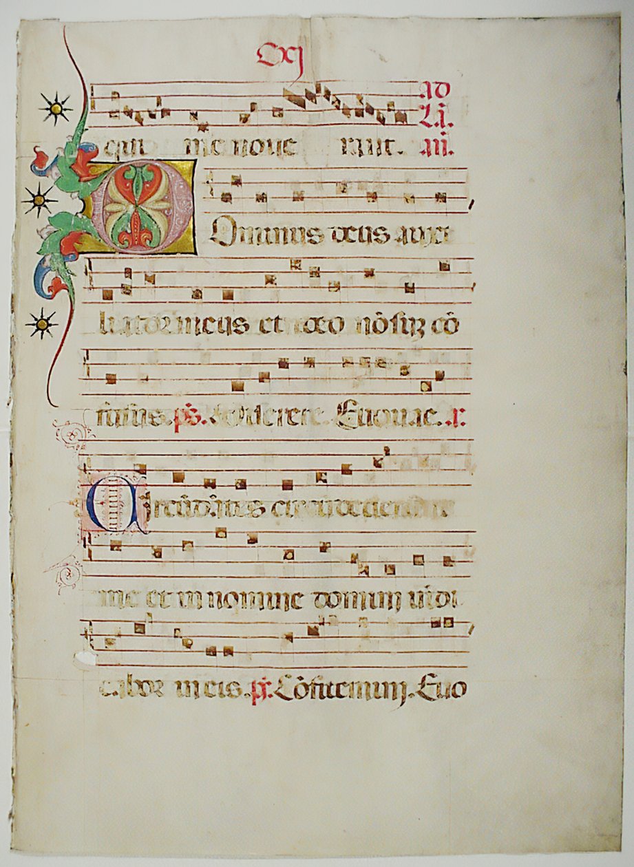 带有首字母D的手稿叶子，来自意大利的Antiphonary，15世纪。 作者 不明