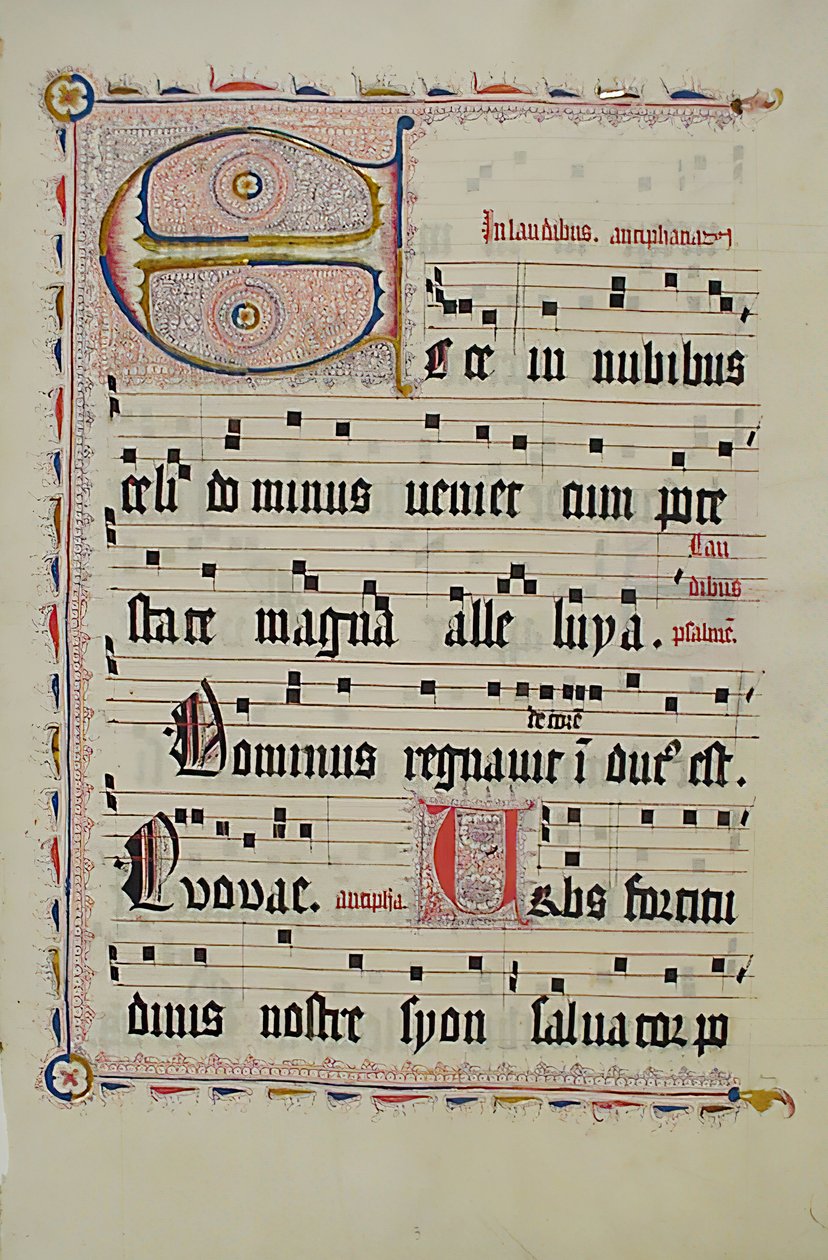 带有首字母E的手稿叶子，来自德国的Antiphonary，15世纪第二季度。 作者 不明