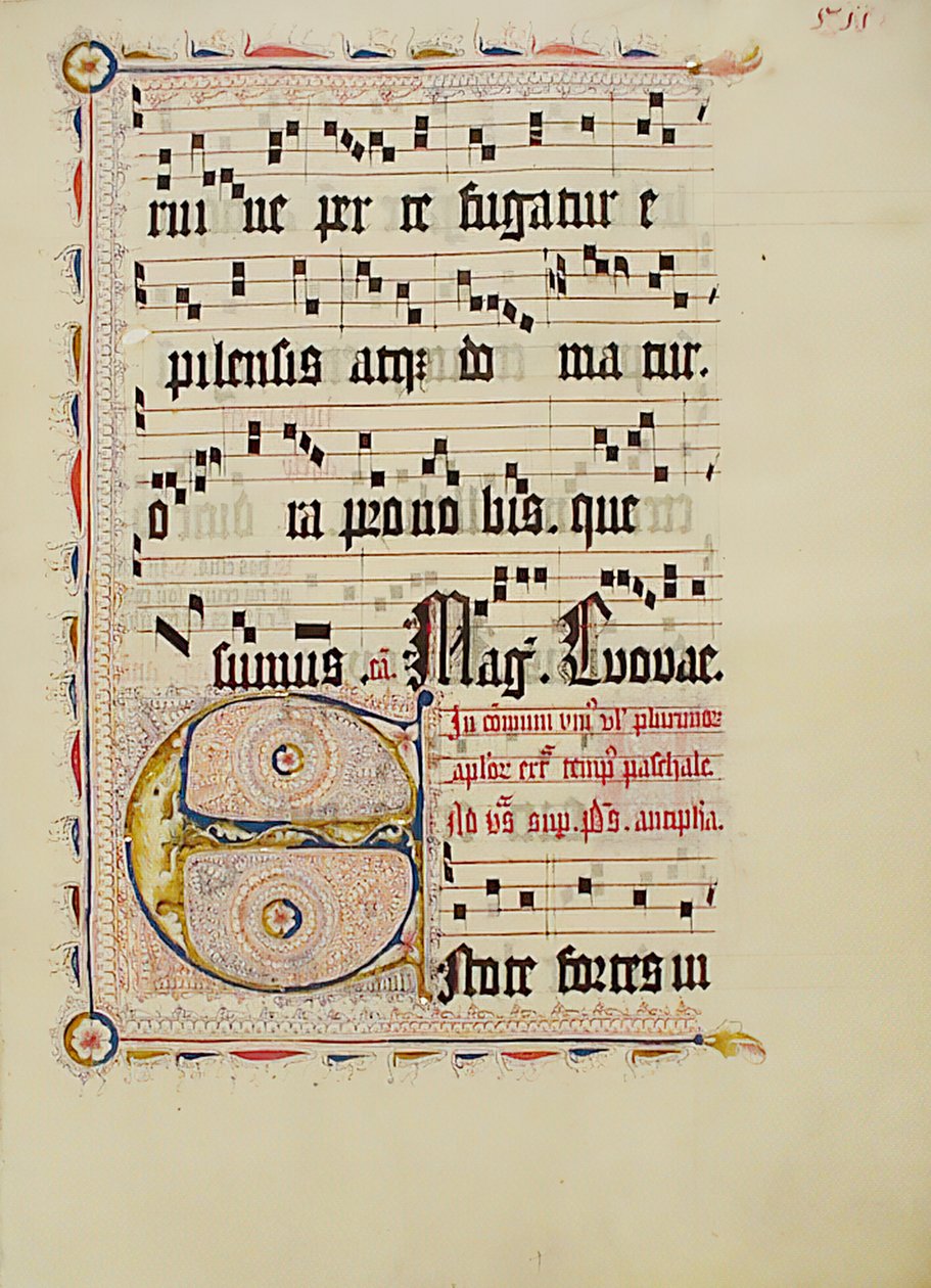 带有首字母E的手稿叶子，来自德国的Antiphonary，15世纪第二季度。 作者 不明