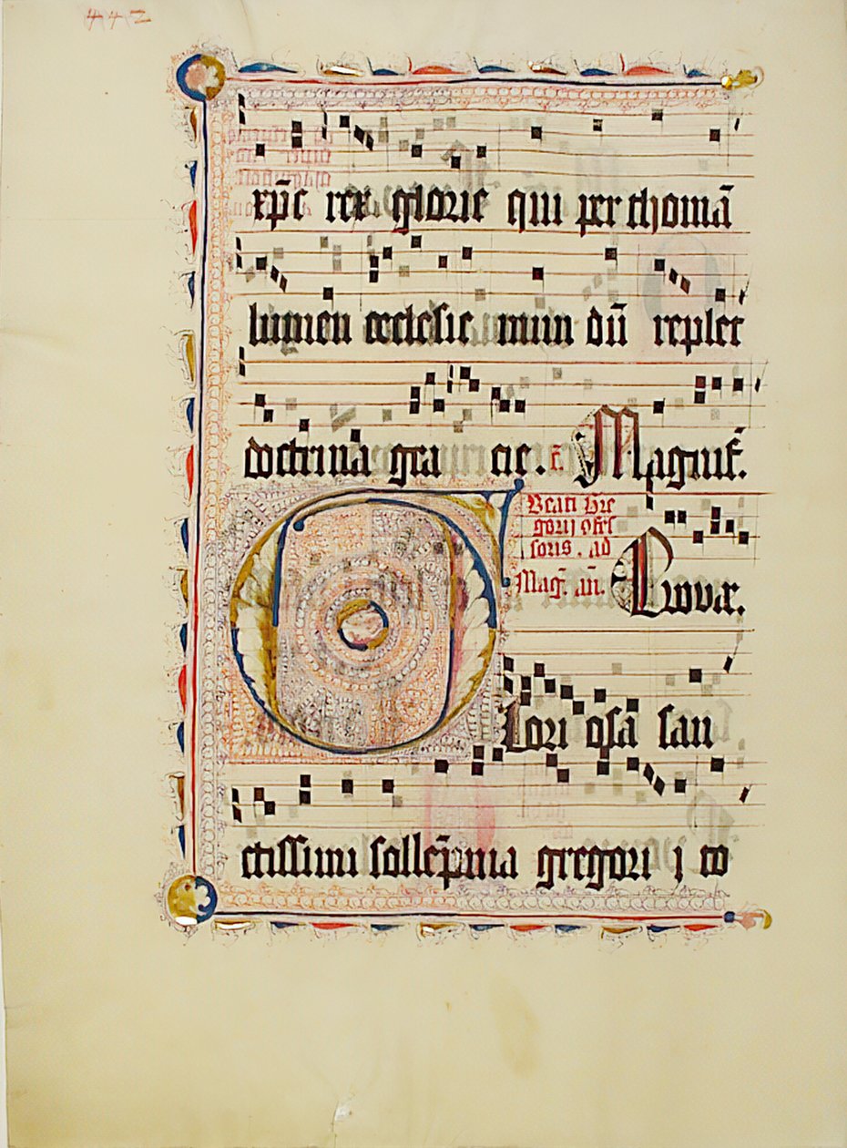 带有首字母F的手稿叶子，来自德国的Antiphonary，15世纪第二季度。 作者 不明