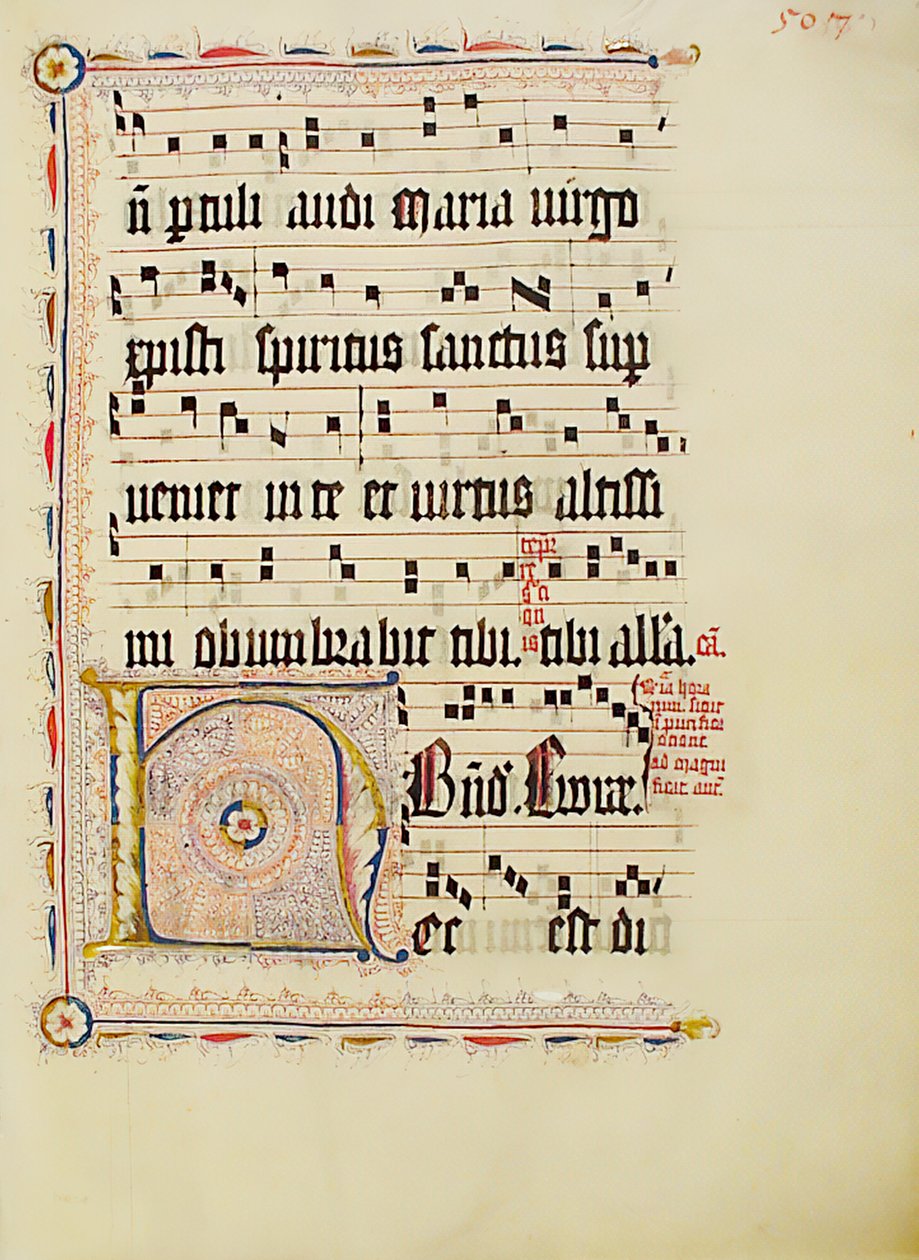 带有首字母H的手稿叶子，来自德国的Antiphonary，15世纪第二季度。 作者 不明