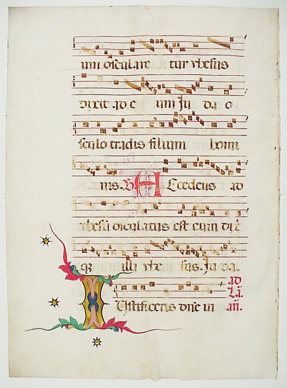 带有首字母I的手稿叶子，来自意大利的Antiphonary，15世纪。 作者 不明