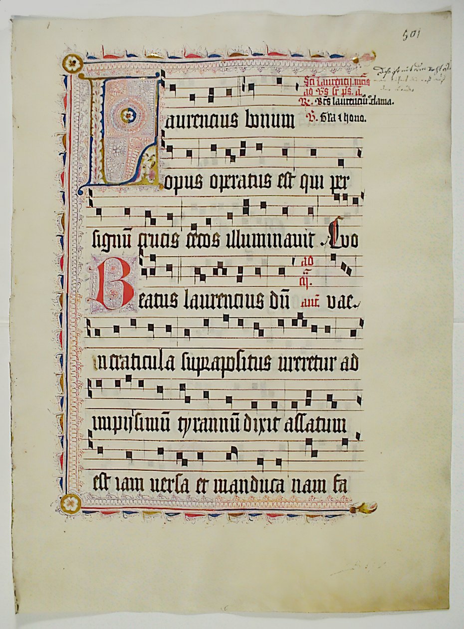 带有首字母L的手稿叶子，来自德国的Antiphonary，15世纪第二季度。 作者 不明