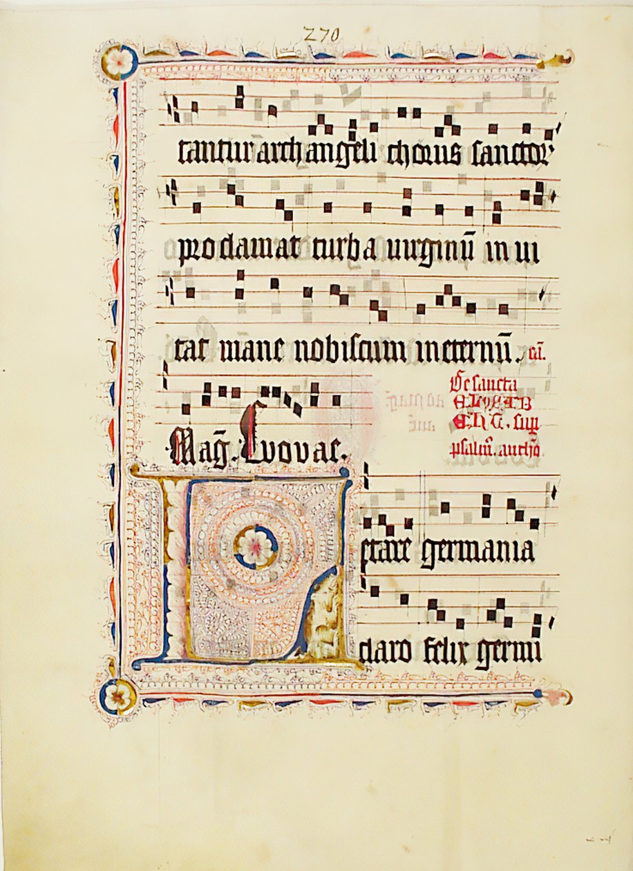带有首字母L的手稿叶子，来自德国的Antiphonary，15世纪第二季度。 作者 不明