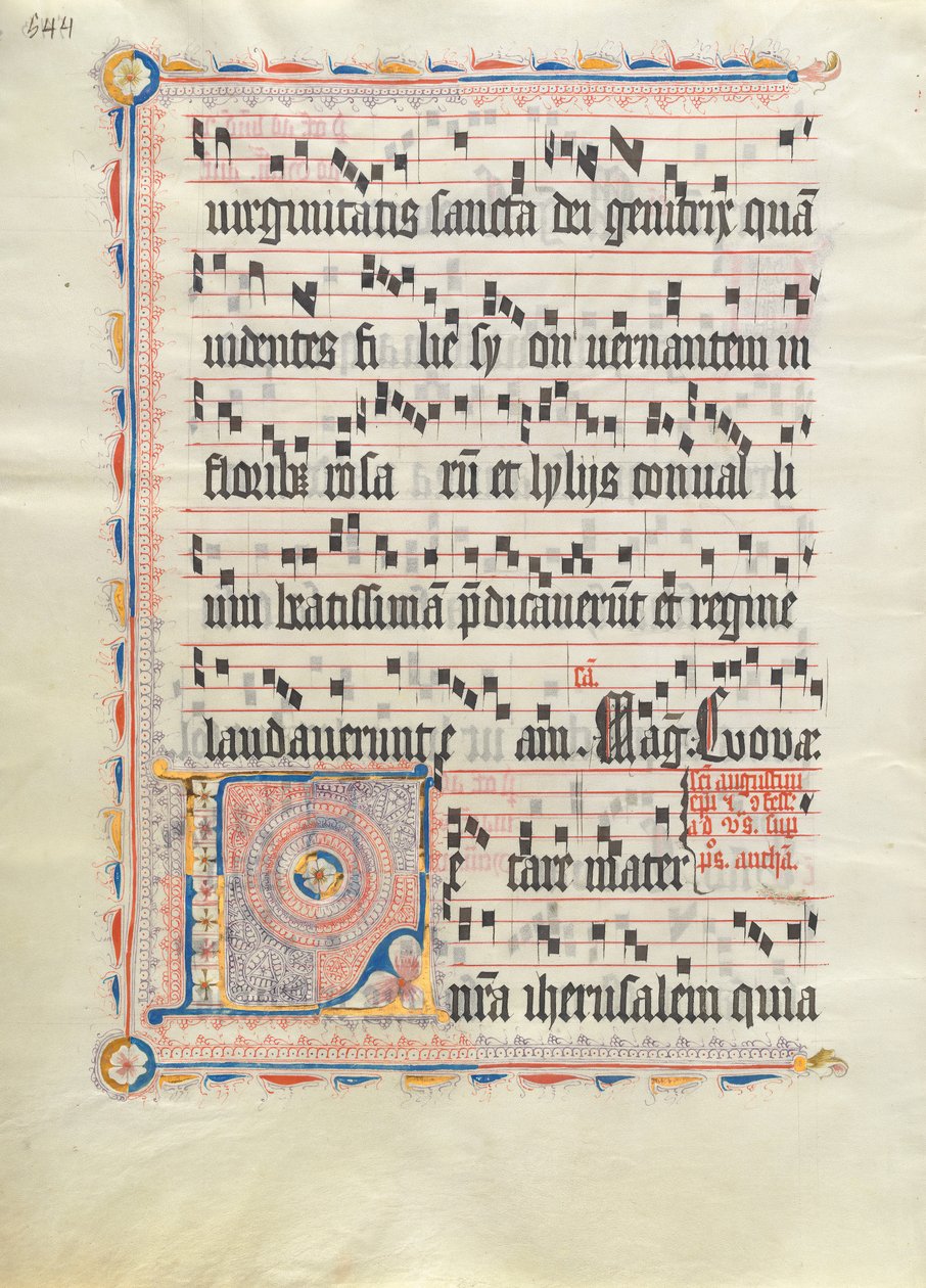 带有首字母L的手稿叶子，来自德国的Antiphonary，15世纪第二季度。 作者 不明